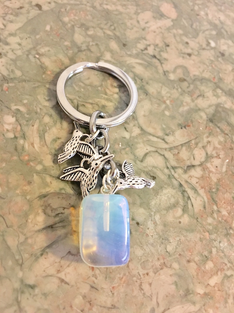 BESTSELLER SALE Opalite Gem Crystal, Three Pretty Hummingbirds Charms Keychain with Free Bag & Angel Message Card image 5