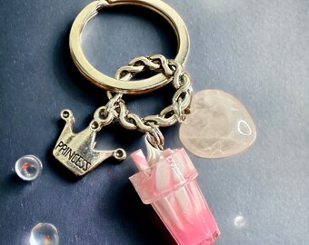 Rose Quartz Pretty Heart, Pink Milkshake Drink, Princess Crown  Charm Keyring/ Keychain with FREE Bag & Angel Message Card. Love Crystal