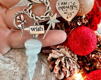 Personalized Selenite Unicorn Horn Crystal, Wand, Fairy I Am Enough Charm Keychain with Free Bag & Angel Message Card.Healing Energy