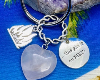 FIVE Pretty Rose Quartz Crystal with GIRL ON Fire Charm, Fire Tag Keyrings/ Keychains w/ Free Bag & Message Card.Healing Energy Infused.