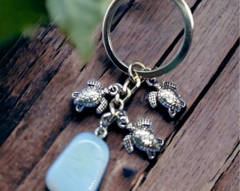 Opalite Gem Crystal, Three Pretty Turtle Charms Keychain Pick Your Message Charm w/  Free Bag & Angel Message Card.