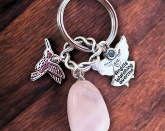 Rose Quartz Crystal, Pretty Humingbird, Angels Warching Over Me Keychainwith FREE Bag & Angel Message Card. Energy Infused.Love Crystal