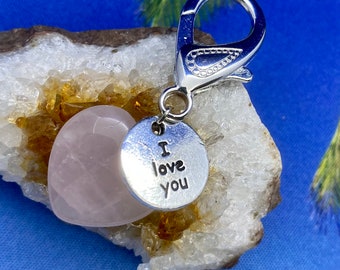 FIVE Rose Quartz Pretty Heart & I Love You Charms Purse Clip with FREE Bag / Angel Message Card. Love Crystal.