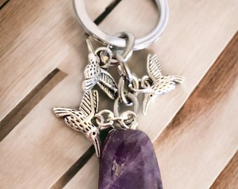 Amethyst Crystal, Three Pretty Hummingbirds Charms Keychain with Free Bag & Angel Message Card.Healing Energy Infused.