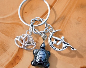 Hematite Grounding Turtle, Cute Fairy Moon, Lotus Flower tag Keychaing w/ FREE Bag & Angel Message Card. Angel Healing Energy Infused.