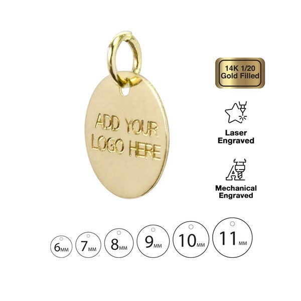 Benutzerdefinierte Metall-Tags, 14K Gold gefüllt Schmuck-Tag, Laser & Mechanisch graviertes Logo auf runden Disc Tags Pailletten, Dia. 6-11mm, 24 Gauge, F0R1.GF