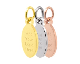 Etiqueta de acero inoxidable ovalada con logotipo personalizado grabado mecánicamente, disco de lentejuelas con logotipo personalizado grabado, 11 x 6,5 mm, F0L9.ST.ME DBF