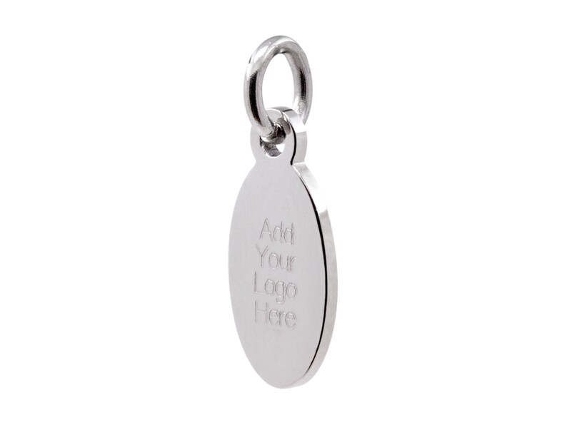 May include: Silver oval charm with a loop at the top. The charm has the text "Add Your Logo Here" engraved on it.