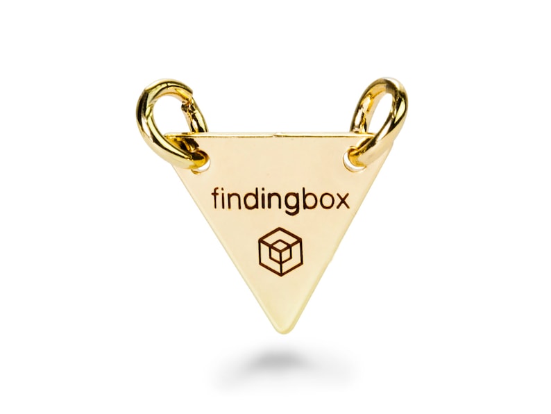 19 Gauge 15x15mm F14O.GO01.C Pkg of 50100 PCS Gold Triangle Jewelry Tag with 2 Holes Laser Engraved Logo on Triangle Tags Sequins