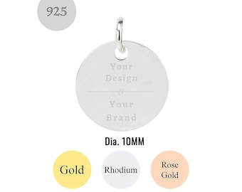 Etiqueta de logotipo personalizada de plata de ley 925 de 10 mm, grabada mecánicamente en rodio, 50/100 unidades.