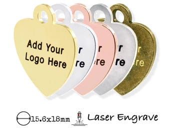 15.6x18mm Custom Heart Charm - Personalized Laser Engraved Logo Pendant, Large Steel Based Jewelry Tag, 0.91mm Thick (19 Gauge), 100 Pcs