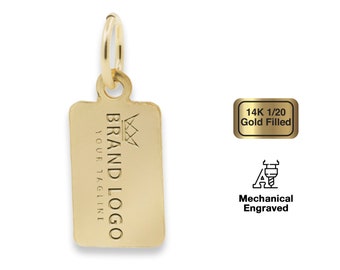 14K 1/20 Gold Filled Jewelry Tag, Laser & Mechanical Engraved Logo on Rectangle Tags, 10x6.2mm, 25 Gauge, F0LA.GF