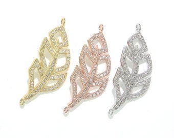 Leaf Connector, CZ Micro Pave Sideways Feather Connector, Clear Cubic Zirconia Pave on Copper, 35x14mm, 1 PCS, C0LS OWH