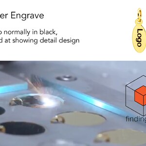 May include: A close-up of a laser engraving machine with a small, round, gold-colored pendant with the word "Logo" engraved on it. The pendant is being engraved with a laser beam. The image also includes the text "findingbox".