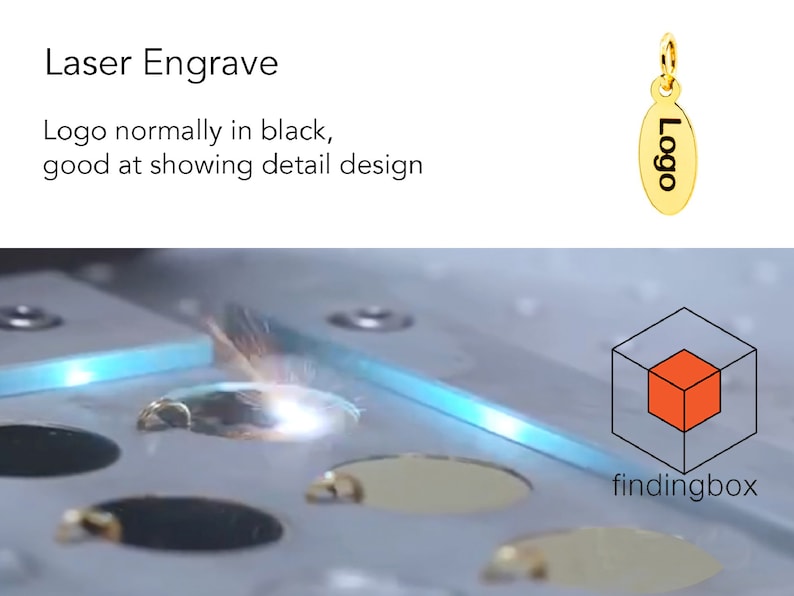 May include: A close-up of a laser engraving machine with a small, round, gold-colored pendant with the word "Logo" engraved on it. The pendant is being engraved with a laser beam. The image also includes the text "findingbox".