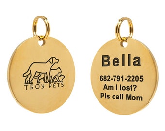 Custom Pet ID Tag, Gold-plated, Stainless Steel, Round with split ring