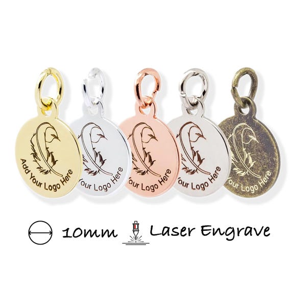 Custom Jewelry Tags, 10mm Laser Engraved Metal Logo Charms, Personalized Brass Round Tags, 14K Gold/Silver, 100pcs