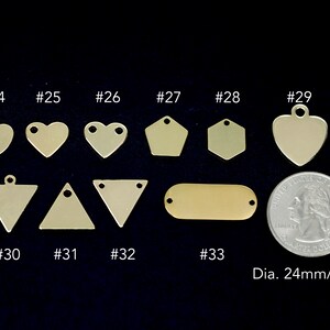May include: Assortment of 10 brass metal blank tags in various shapes, including heart, triangle, oval, star, and hexagon. The tags are approximately 0.95 inches in diameter. #24 #25 #26 #27 #28 #29 #30 #31 #32 #33 Dia. 24mm/0.95"