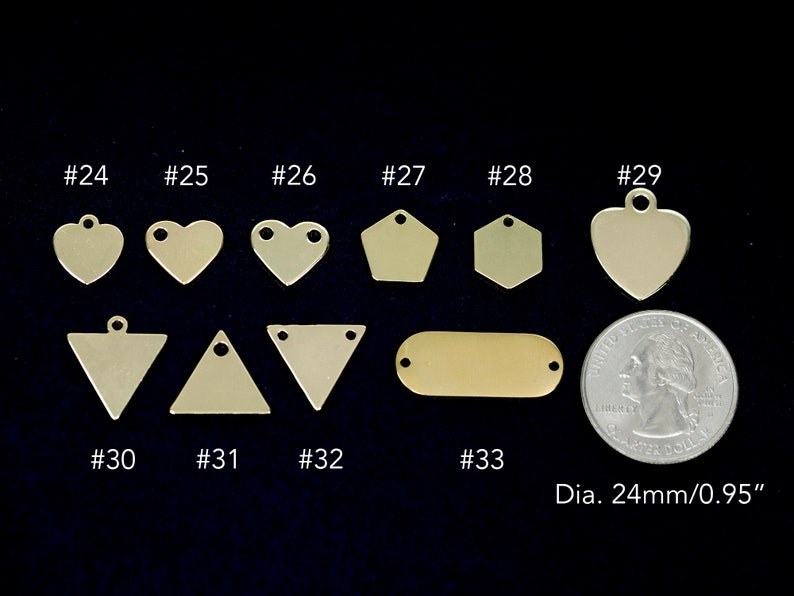May include: Assortment of 10 brass metal blank tags in various shapes, including heart, triangle, oval, star, and hexagon. The tags are approximately 0.95 inches in diameter. #24 #25 #26 #27 #28 #29 #30 #31 #32 #33 Dia. 24mm/0.95"