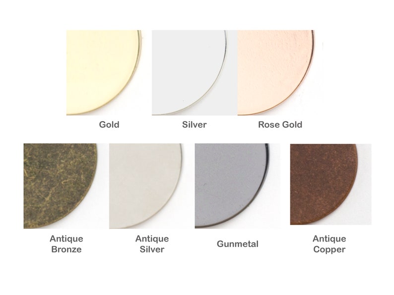 May include: A close-up of eight different metal finishes: gold, silver, rose gold, antique bronze, antique silver, gunmetal, and antique copper. Each finish is shown as a half-circle.