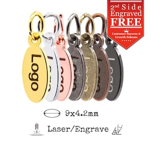 Mini etichette ovali con logo in metallo personalizzate, 9x4,2 mm, etichette per gioielli incise al laser, ciondoli personalizzati, in ottone, spessore 0,7 mm (calibro 23), 100 pezzi
