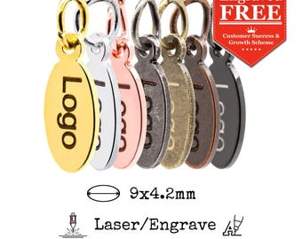 Mini Oval Custom Metal Logo Tags, 9x4.2mm, Laser Engraved Jewelry Tags, Personalized Charms, Brass-based, 0.7mm Thick (23 Gauge),  100 Pcs