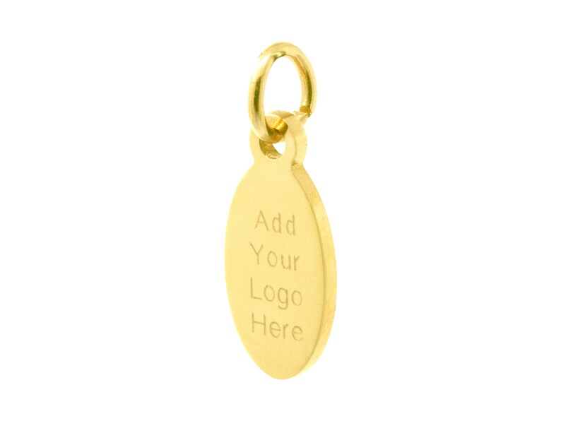 May include: Gold-colored oval charm with a jump ring. The charm has the text "Add Your Logo Here" engraved on it.
