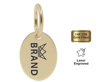 14K 1/20 Gold Filled Jewelry Quality Tag, Laser & Mechanical Engraved Logo on Oval Tags, 7.3x5.5mm, 28 Gauge, F0R3.GF