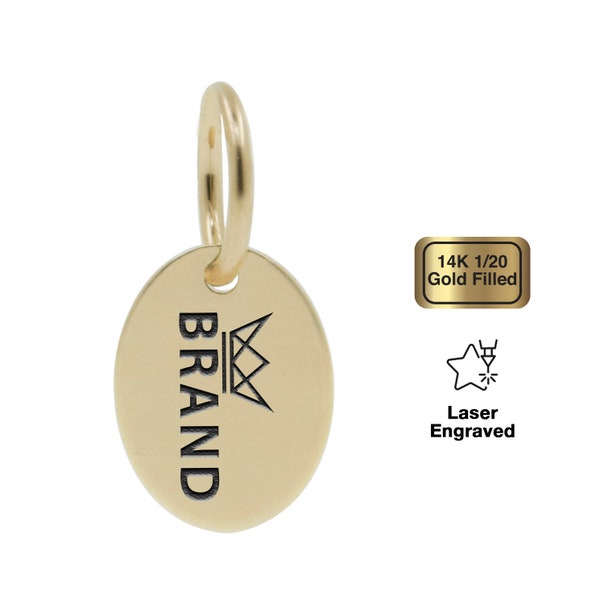 14K 1/20 Gold Filled Jewelry Quality Tag, Laser & Mechanical Engraved Logo on Oval Tags, 7.3x5.5mm, 28 Gauge, F0R3.GF