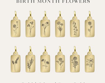 Dijes florales grabados minimalistas / Flores de los meses de nacimiento de enero a diciembre / Etiqueta pequeña de acero inoxidable de 11,5 x 6 mm