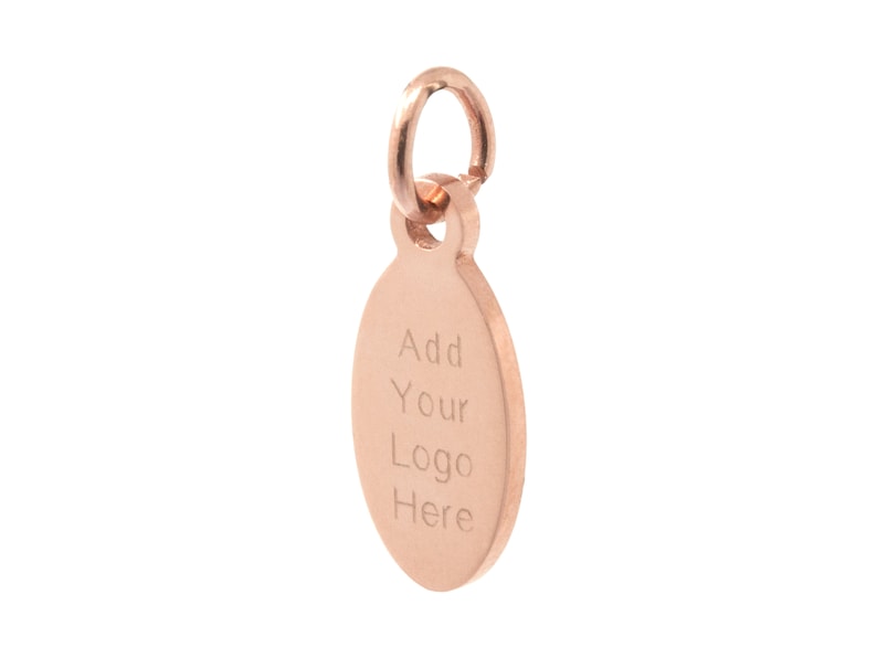 May include: A rose gold oval charm with a jump ring. The charm has the text "Add Your Logo Here" engraved on it.