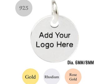 Etiquetas personalizadas con logotipo de plata de ley 925 de 6 mm y 8 mm, dijes personalizados grabados con láser, chapados en rodio.
