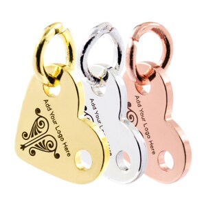 12x10.2mm Double Hole Heart Metal Tag, Custom Logo Laser Engraved Jewelry Tag, Brass Based Sequins, 19 Gauge, Pkg of 50/100 PCS, F0VI.C DBF