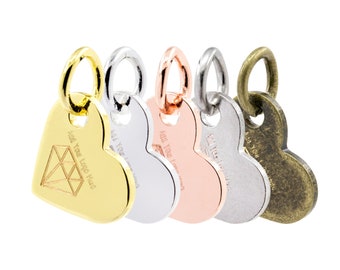Etiqueta de joyería de metal con logotipo personalizado, dije colgante con forma de corazón grabado mecánicamente, lentejuelas, 12 x 10,2 mm, calibre 19, paquete de 100 piezas, F0R2.MES DBF