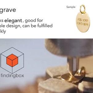 May include: A close-up of a gold-colored metal charm being engraved with the text "ADD YOUR LOGO HERE". The charm is round and has a small loop at the top. The engraving process is being done by a machine.