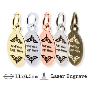 11x6,5 mm Oval Benutzerdefinierte Metall Logo Tags, Laser gravierte Schmuckanhänger, personalisierte Anhänger, Messing-basiert, 0,7 mm dick (23 Gauge), 100 Stück