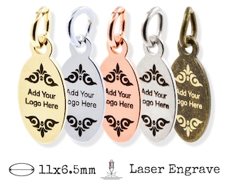 11x6.5mm Oval Custom Metal Logo Tags, Laser Engraved Jewelry Tags, Personalized Charms, Brass-based, 0.7mm Thick (23 Gauge), 100 Pcs