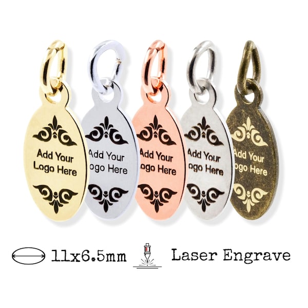 Custom Brass Oval Jewelry Tags 11x6mm, Laser Engraved Logo Charms for Necklaces, 100 Pcs