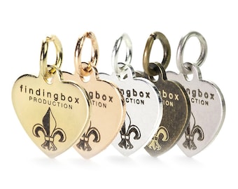 10.5x10.7mm Custom Logo Engraved Heart Tag, Laser Engraved, Brass Based Metal Tags, Personalized Charms, 0.7mm Thick (23 Gauge), 100 Pcs