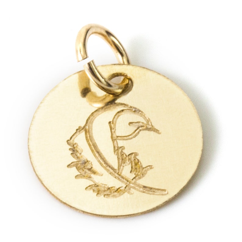 May include: Gold-toned metal charm with a circular shape and a loop at the top. The charm features an engraved design of a stylized feather.