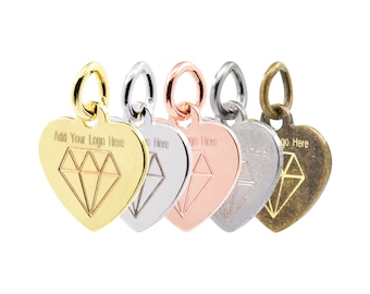 Etiqueta de joyería de metal grabada mecánicamente, etiqueta con logotipo personalizado, dije colgante de corazón con lentejuelas, 10,5 x 10,7 mm, calibre 23, paquete de 100 piezas, F0LB.MES DBF