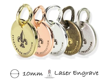 Custom 10mm Round Metal Tags - Laser Engraved Brass Jewelry Tags, Logo Disc Charms, 0.91mm Thick (19G), 100 Pcs