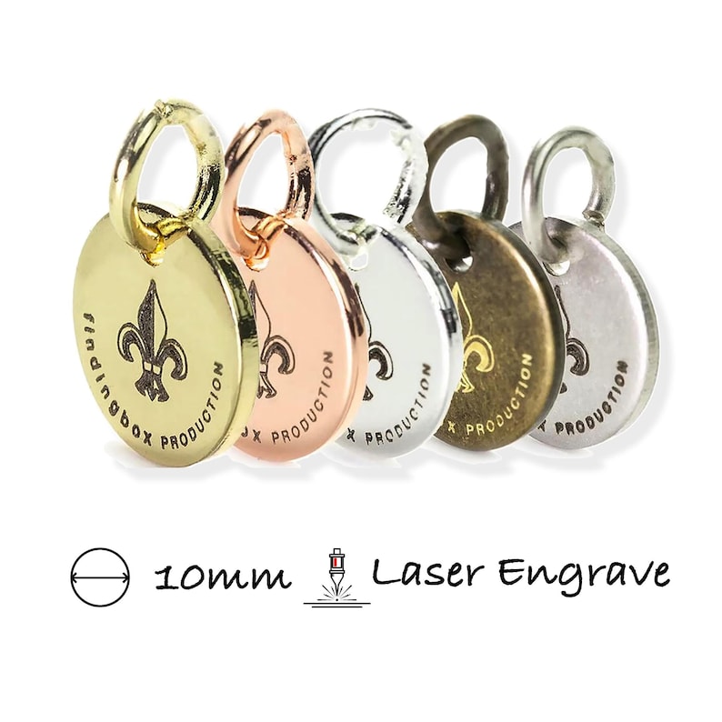 10mm round metal jewelry tags in gold, silver, rose gold, antique silver, and antique bronze finishes. These customizable charms feature precision laser engraving, ideal for branding, personalized gifts, or handmade jewelry. High-quality durable metal with a polished or antique finish, designed for logos, initials, or custom text. Perfect for jewelry makers, crafters, and small businesses looking to enhance their brand presence with stylish engraved tags.
