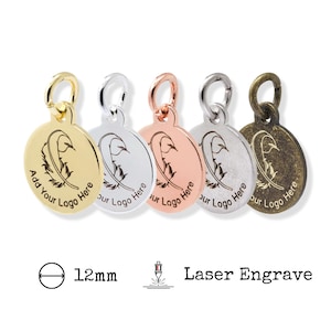 Etichette con logo in metallo personalizzate da 12 mm di diametro, etichette per gioielli incise al laser, ciondoli personalizzati, in ottone, spessore 0,9 mm (calibro 19), 100 pezzi