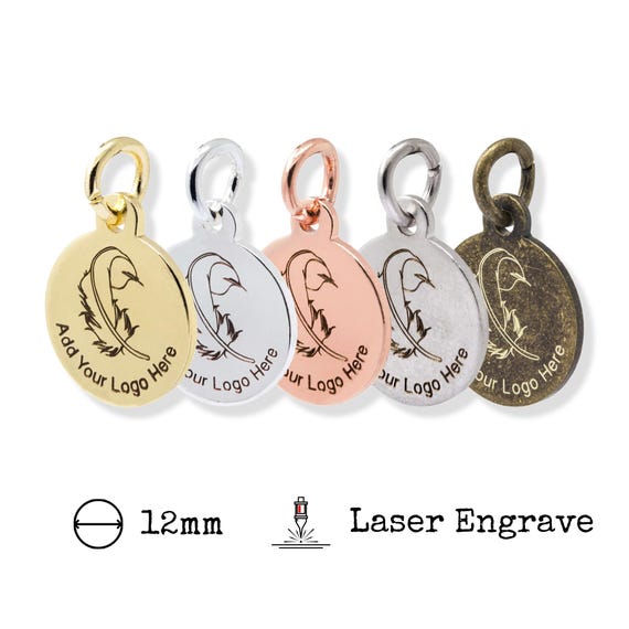 Dia. 12mm Custom Metal Logo Tags, Laser Engraved Jewelry Tags, Personalized Charms, Brass-based, 0.9mm Thick (19 Gauge), 100 Pcs