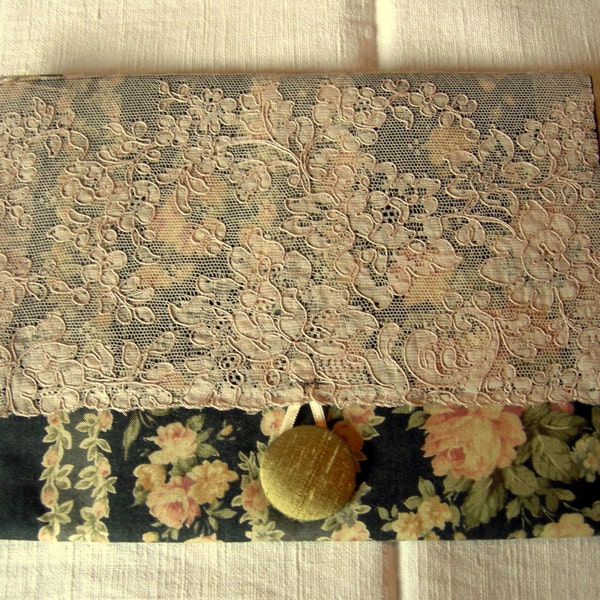 Vintage Sachet, Black Purse with Soft Pink  Roses, Silk Lining,