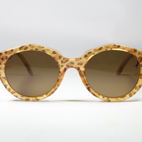Fiorucci vintage 80s round cateye sunglasses by Aprilia amber animalier and yellow/orange pearl colors, handmade in italy 1980s deadstock