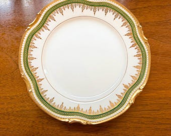 4 Limoges Coronet Plates Dessert Set Mavaleix French Porcelain Green Border Gold Trim
