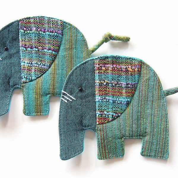 Handmade Elephant Coaster, Fabric Coaster (Set of 2), Green, Blue Elephant, Green, Blue Coaster