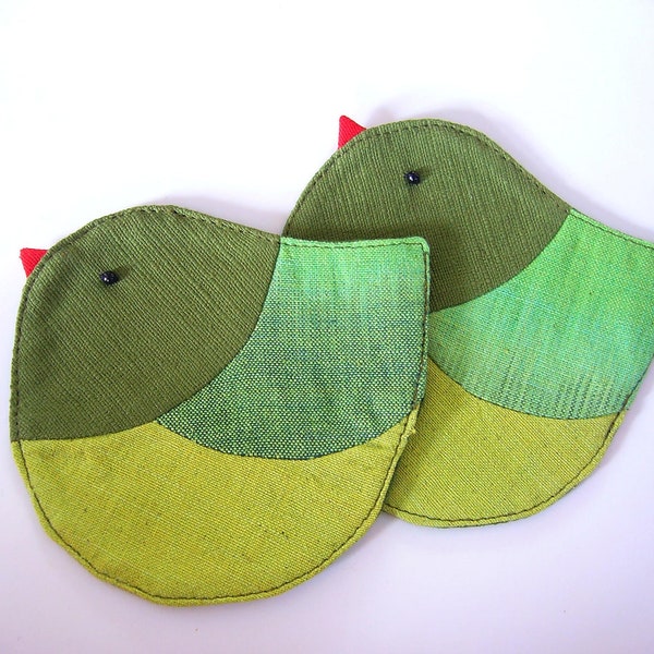 Handmade Bird Coaster, Fabric Coaster (Set of 2), Green Coaster, Green Bird